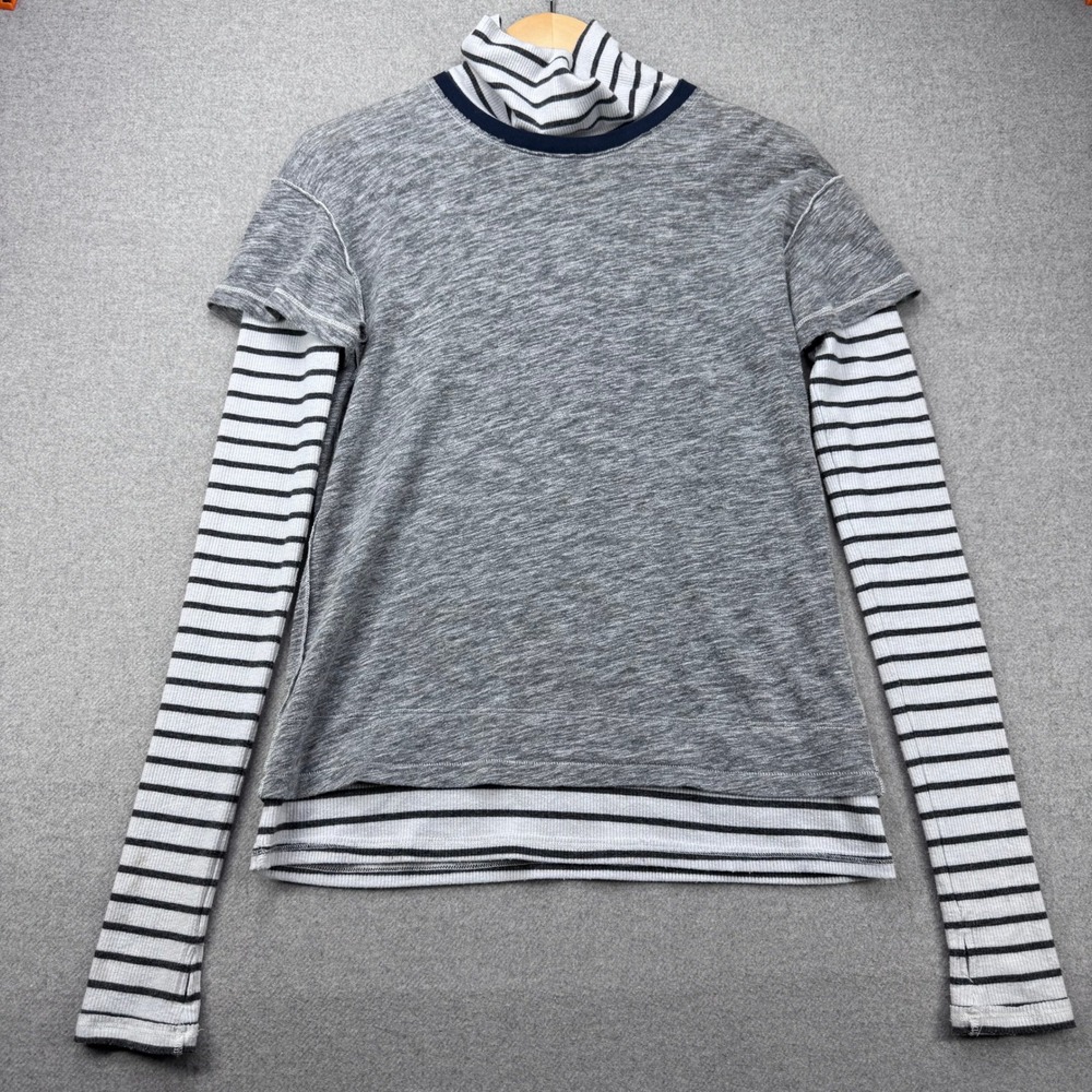 We The Free Womens Mock Neck Layered Look Top Size S Striped Gray Twofer *FLAW